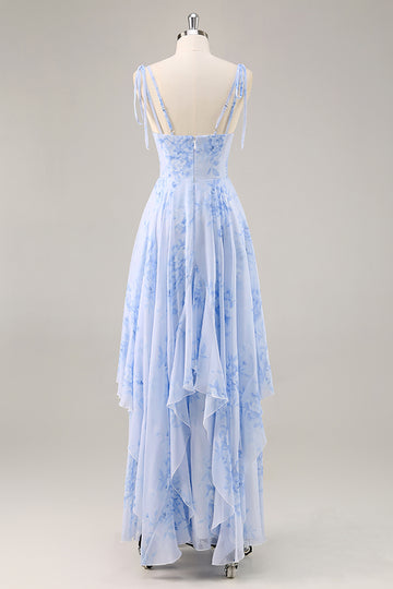 Blue Floral A Line Chiffon Long Bridesmaid Dress with Ruffles